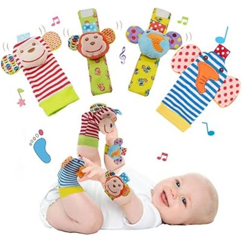 Baby Wrist Rattle Foot Finder Socks Set for Babies 0-3-6-12 Months, Infant Toys for Newborn Boys and Girls 0-6-9-12 Months, Sensory Learning Toy for Shower Gifts