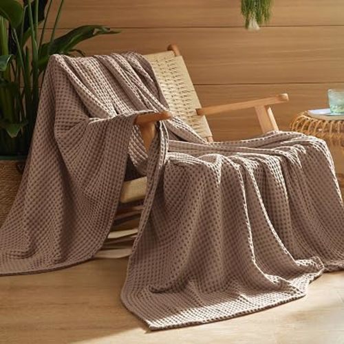 Bedsure 100% Cotton Throw Blanket for Spring Summer, Ultra Soft Waffle Weave Coffee Brown Blanket for Couch Sofa Chair, Thin Lightweight Breathable Bedding Gifts for Women, Men, Teens, 50"x70"