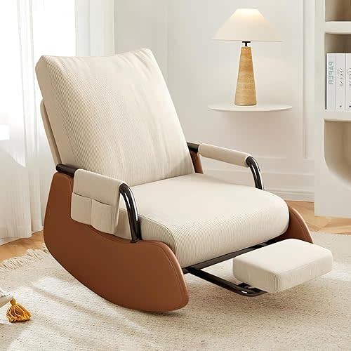Nursery Rocking Chairs Upholstered Glider Rocking Chair with Side Pocket and Adjustable High Backrest,Soft Corduroy Rocker Accent Chair with Footrest for Living Room Bedroom