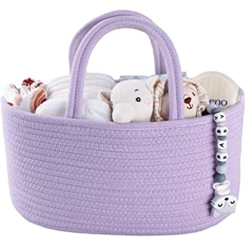 Baby Diaper Caddy Organizer Cotton Rope Nursery Storage Bin Basket Portable Holder Tote Bag for Changing Table Car Travel Baby Shower Gifts Newborn Essentials Registry Must Have Purple or Lavender