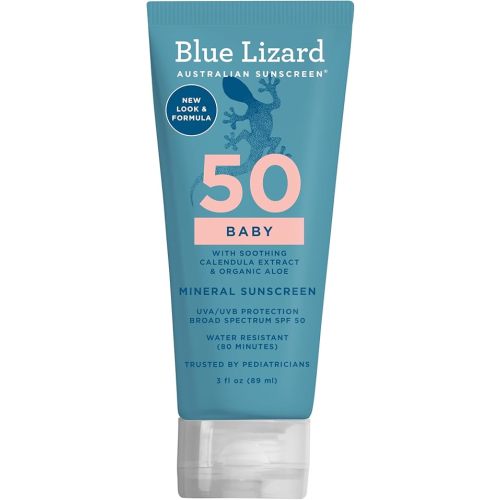 BLUE LIZARD Baby Mineral Sunscreen with Zinc Oxide, SPF 50+, Water Resistant, UVA/UVB Protection with Smart Cap Technology - Fragrance Free, 3 Ounce Tube