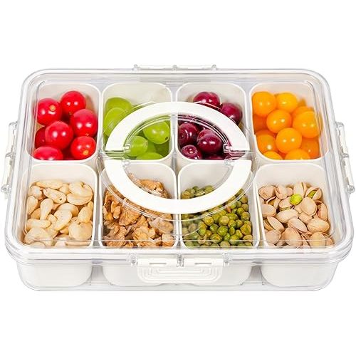 Divided Serving Tray with Lid and Handle, Snackle Box Charcuterie Container Portable for Snack Platters Reusable Clear Organizer 8 Compartments for Candy, Fruits, Nuts Perfect for Party Entertaining