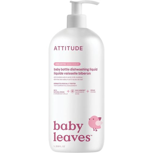ATTITUDE Baby Dish Soap and Bottle Cleaner, EWG Verified Dishwashing Liquid, No Added Dyes or Fragrances, Tough on Milk Residue and Grease, Vegan, Unscented, 33.8 Fl Oz