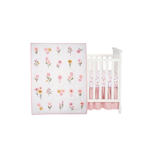 Little Garden 3-Piece Embroidered Floral Baby Crib Bedding Set