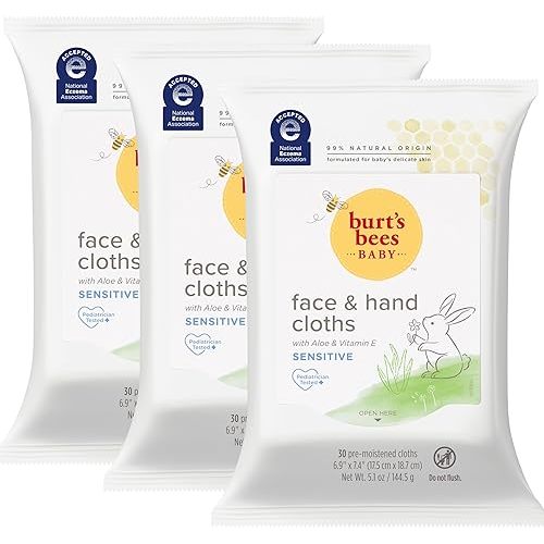 Burt's Bees Christmas Gifts, Baby Face & Hand Cloths, Unscented Cleansing Wipes for Sensitive Skin - 30 Wipes, Pack of 3