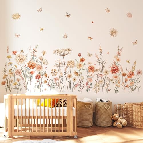decalmile 2 Packs of Boho Flower Wall Decals Wildflower Dandelion Wall Stickers Baby Nursery Girls Bedroom Living Room Wall Decor