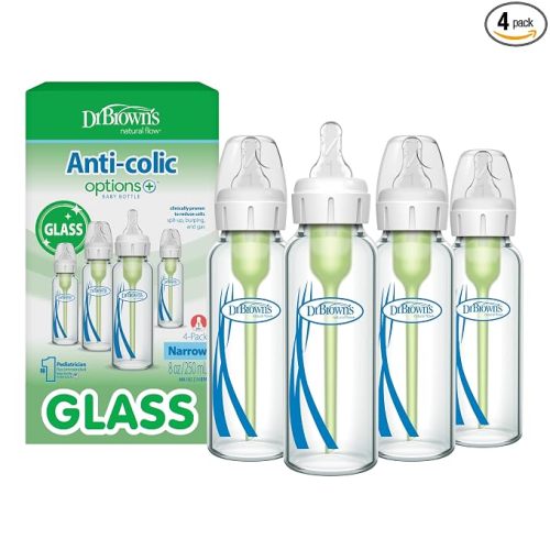 Dr. Brown's Anti-Colic Options+ Narrow Glass Baby Bottle with Level 1 Slow Flow Nipple, BPA-Free, 8 oz/250 mL, 0m+, 4-Pack (Packaging May Vary)