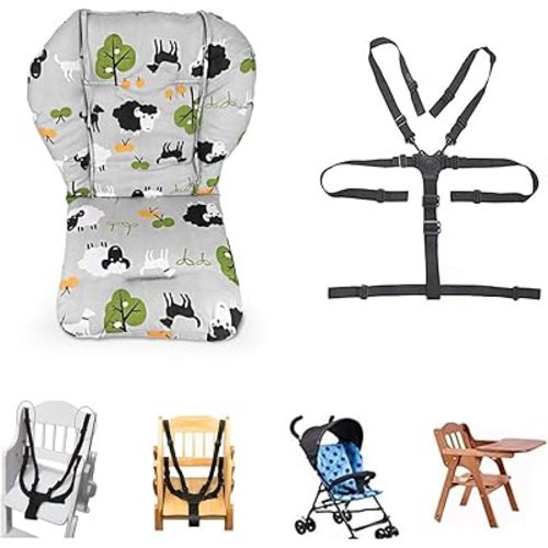 High Chair Pad, Ancho Grey Background Sheep Pattern Highchair/seat Cushion Protective Film Breathable Pad with Baby High Chair Seat Belt(2 Pieces)