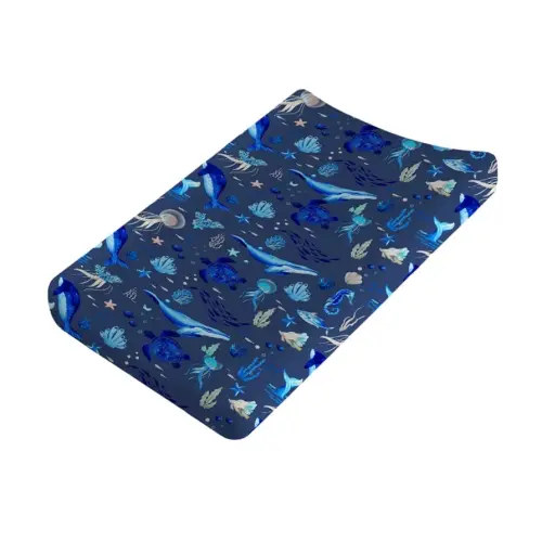 Nautical Animals Life Changing Pad Covers Sea Turtle Whale Jellyfish Sea Horse Weeds Unisex Diaper Change Table Sheets for Boys Girls Soft Breathable Stretch Changing Pad Sheets 32''x16'' Navy