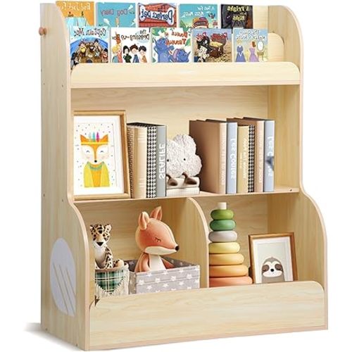 Asweets 2 in 1 Kids Bookshelf & Montessori Toy Storage Cubby, 3 Tiers Children Wooden Bookcase, Fit for Kids Room, Playroom, Kindergarten, Nursery, 31.5''L x 14.6''W x 39.4''H (Wood Color)