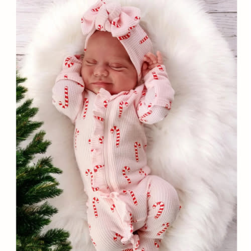 Organic Waffle Ruffle Zip Footie, Pink Candy Cane – SpearmintLOVE 3-6M