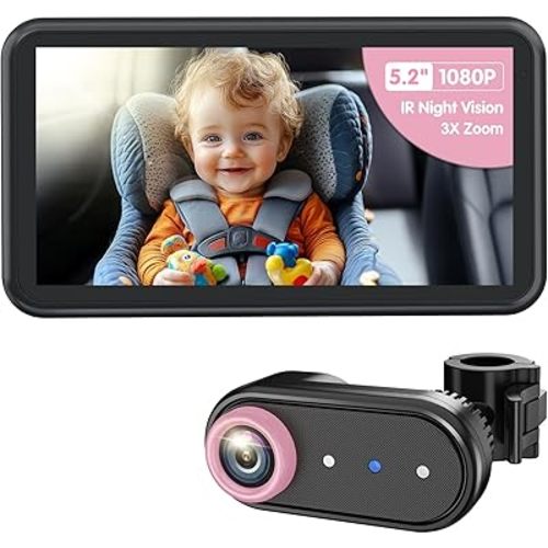 BM2A Baby Car Camera, Night Vision & 5.2" 1080P Display for Rear-Facing Car Seats, Easy No-Damage Install, Patented Anti-Shake Mount – Ideal for Parents and Pet Owners