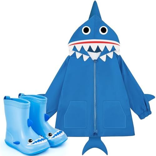 2 Pcs Toddler Raincoat Rain Boots Set Kids Baby Cartoon Hoodie Zipper Jacket Short Rain Shoes for Little Boys Girls