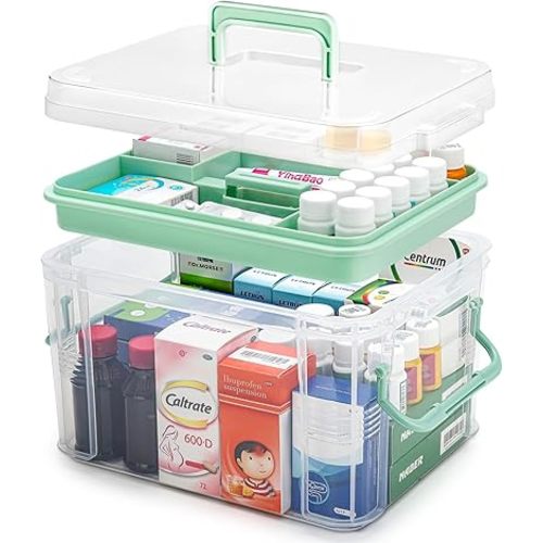 15QT Clear Medicine Organizer Storage Box with Handle & Tray - Thickened Plastic Empty First Aid Box, Multipurpose Medical Container with Lids/Labels, Medication Caddy for Home, Baby, Elderly, Dorm
