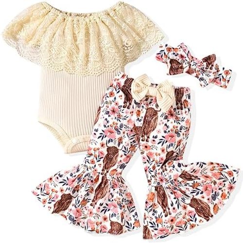 HINTINA Newborn Baby Girl Short Sleeve Bodysuit Flared Pants Ribbed Outfits