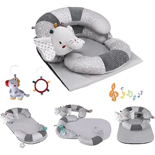 3-in-1 Tummy Time Pillow and Seated Support Playmat with Detachable Early Sensory Toys for Infant, Sitting Support to Prevent Reflux, Portable Gifts for Newborn Boys and Girls (Grey)