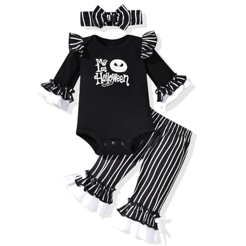 HINTINA Newborn Infant Baby Girl First Halloween Outfits Bodysuit Bell Bottom Pants Clothes Set With Headband