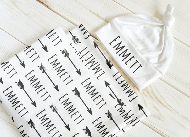 Personalized Baby Swaddle Blanket & Hat Set