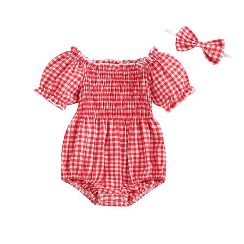 Newborn Baby Girl Summer Clothes Short Puff Sleeve Plaid Bubble Romper Smocked Frill Bodysuit with Headband