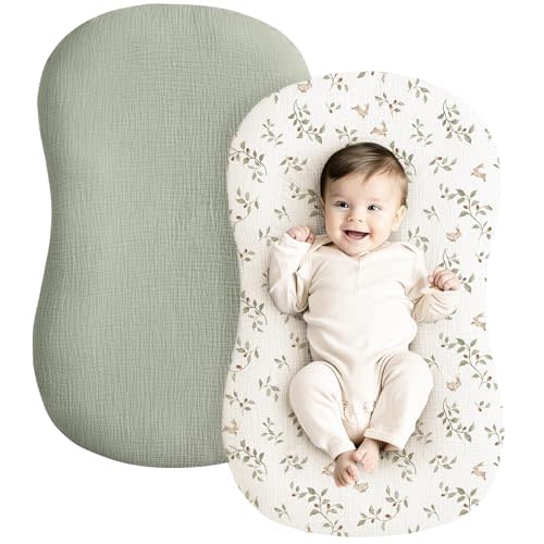Konssy Muslin Baby Lounger Cover 2 Pack, 100% Cotton Newborn Lounger Cover, Soft and Breathable Lounger Slipcover for Boys Girls, Covers Only (Rabbit,Fog Green)
