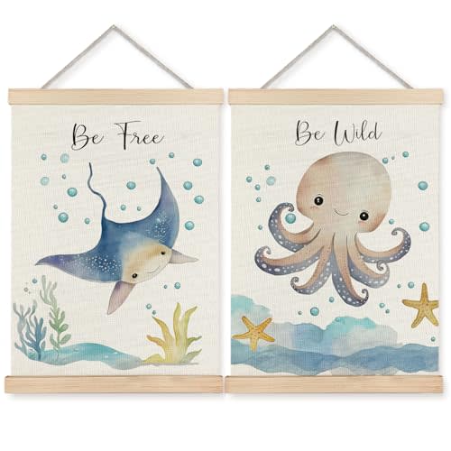 BearCake Ocean Nursery Decor, Stingray Octopus Under the Sea Wall Art Poster Hanger Frame, Inspirational Beach Nursery Canvas Prints Framed Wall Decor for Kids Room Playroom, 12x16 Inch Set of 2