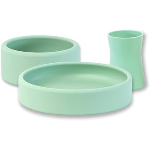 Silicone Plate, Bowl & Cup Set for Babies and Toddlers, Weighted, Baby Feeding Set, Baby Led Weaning Supplies, Set of 3, Matcha Green