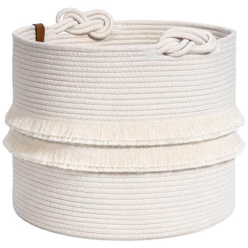 CherryNow Toy Basket Baby Laundry Basket, Storage Basket for Blankets, White Baskets for Nursery, Gift Baskets Empty to Fill, Cute Organizer for Home Decor, Woven Storage for Living Room, 15" x 13"