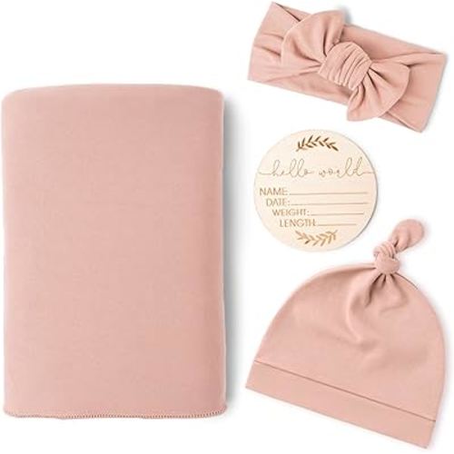 Konssy Baby Girl Newborn Receiving Blanket with Matching Headband and Beanie Set Baby Swaddle Nursery Swaddle Wrap(Millenial Pink)