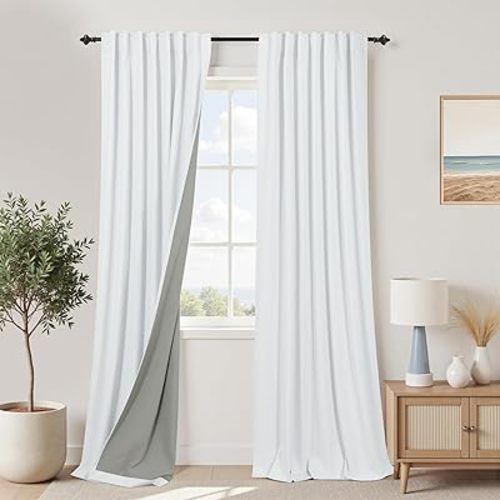 KOUFALL White Blackout Curtains 84 Inches Long,Linen Textured Coastal Farmhouse Light Blocking Lightweight Black Heat Sun Block Out Curtains for Bedroom Windows Living Room