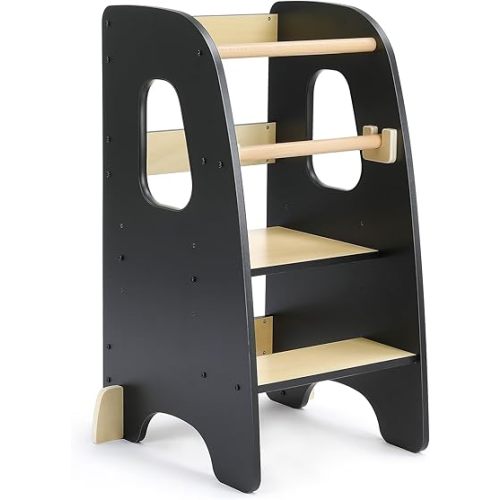 Ezebaby Toddler Kitchen Helper Standing Tower - Adjustable Step Stool for Kids With Non-Slip Feet - Black