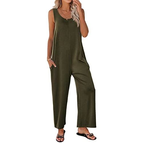 Ekouaer Sleeveless Jumpsuits for Women Casual Summer Scoop Neck Tank Rompers Wide Leg Pants Overall Jumpers with Pockets