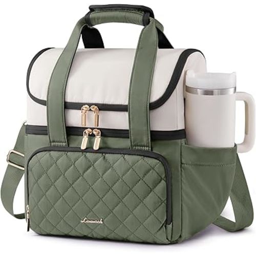 LOVEVOOK Insulated Lunch Bag For Women,Large Double Deck Adult Lunch Box,Teacher Lunch Tote Bag With Cup Holder,Leakproof Cooler Bag With Adjustable Shoulder Strap For Work Picnic Beach,Larger 15L