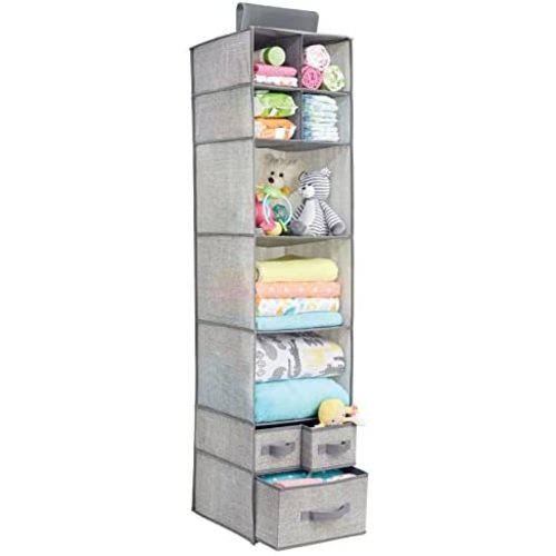mDesign Fabric Over Closet Rod Hanging Storage Organizer with 7 Open Cube Shelves and 3 Removable Drawers for Bedroom, Nursery, Closet - Holds Clothes, Shoes, Diapers - Gray