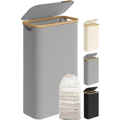 SONGMICS Laundry Hamper with Lid, Slim Laundry Basket, 17.2 Gallons (65L), Space-Saving, Removable Mesh Liner, Bamboo Handles, Collapsible, 16.5 x 8.9 x 27.8 Inches, Dove Gray ULCB506G01