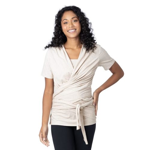 Kindred Bravely Short Sleeve Skin to Skin Nursing Wrap Top, Kangaroo Shirt for Mom and Baby, Organic Cotton (Oatmeal Heather, Small)
