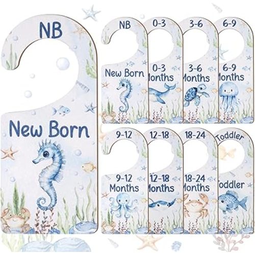Baby Closet Dividers 8PCS, Under the Sea/Ocean Animal Theme Wooden Double-Sided Clothes Size Hanger Organizer from Newborn to Toddler for Nursery Decor Baby Shower Birthday Gift