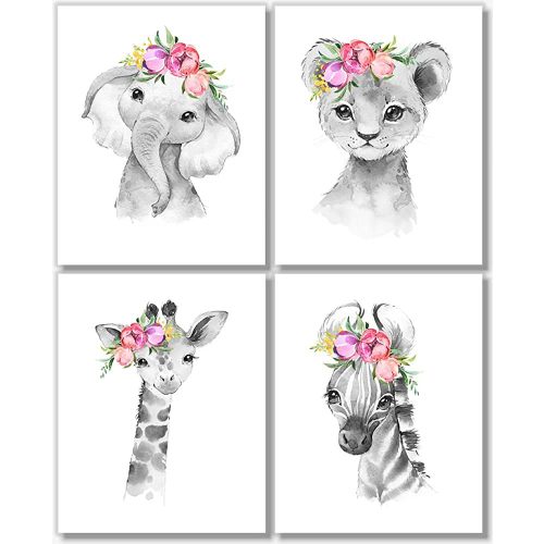 Safari Nursery Wall Art Set - Baby Animal Prints Jungle Theme Decor - Elephant Giraffe Lion Zebra With Pink Flowers- Nursery Wall Decor for Kids Room or Baby Shower Gift - Prints Made Perfect