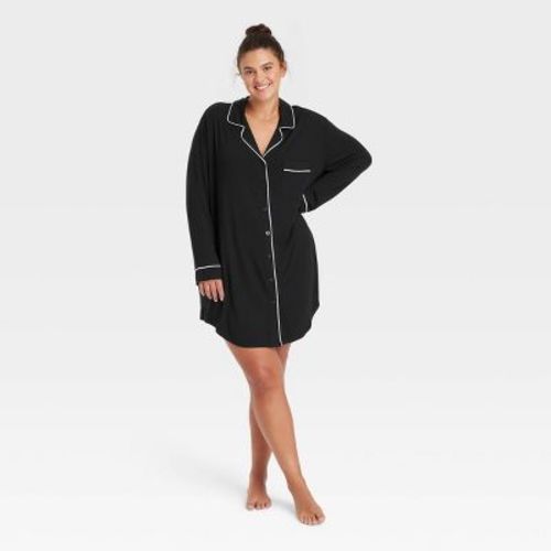 Women's Cloud Knit Notch Collar Long Sleeve Nightgown - Auden™ Black S