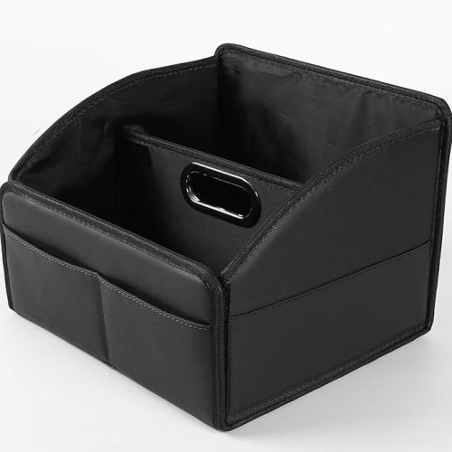 Car Storage Organizer [2025 UPDATED] Leather Car Caddy Basket for Front Seat Floor Back Seats Metal Handle 6 Compartments Adjustable Strap Buckles Slip-Resistant (Black)