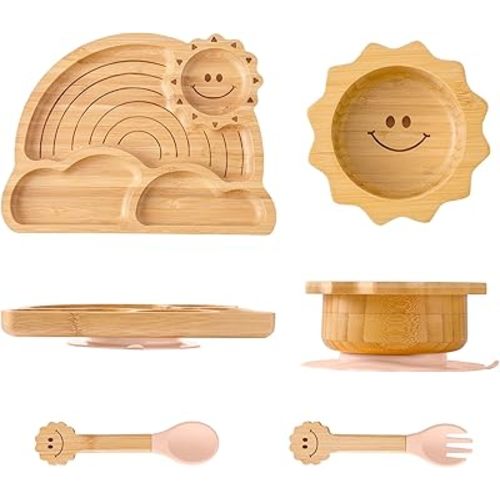 Bamboo Suction Plates Bowls Set for Baby Toddler - Includes Bamboo Bowl, Divided Plate, Silicone Fork & Spoon, All-Natural Baby Feeding Set for Baby-Led Weaning