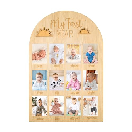 R HORSE My First Year Photo Display Wood Board, Baby’s First Year Picture Frame 12 Months Milestone Board Photo Frame Neutral Baby Keepsake Frame Boho Sun 1st Birthday Nursery Decor Gift for Boy Girl