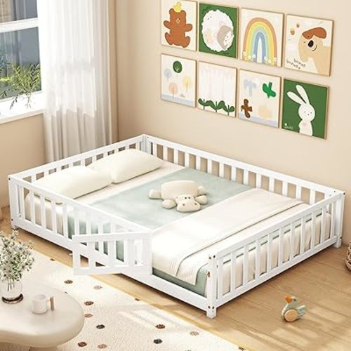 Giantex Full Size Floor Bed for Kids, Low Montessori Bed with Wood Slats & Safety Guardrails, Solid Wood Full Floor Beds with Fence and Door for Kids Boys Girls, White