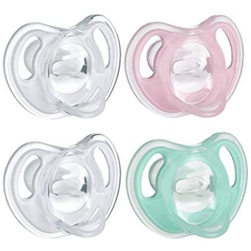 Tommee Tippee Ultra-Light Silicone Pacifier, Symmetrical Orthodontic Design, BPA-Free, One-Piece Design, Girl – 0-6m, 4pk