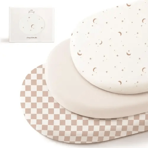 Konssy 3 Pack Stretchy Bassinet Sheets for Baby Girl Boy, Soft Breathable Baby Bassinet Mattress Sheets Fit for Hourglass Oval Cradle, Moses Basket Rectangle Mattress (Coffee Check)