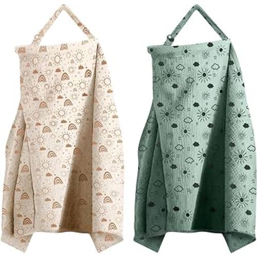 MEXXI Muslin Nursing Covers for Breastfeeding, 2 Pack Breastfeeding Cover with Arch Neckline,100% Cotton Breathable Privacy Nursing Apron 43 * 30 Inch (Beige+Green)