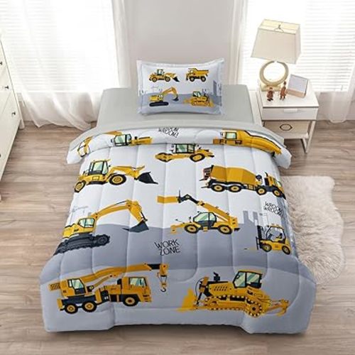 4-Pcs Construction Twin Size Boys Bedding Set, Kids Comforter Set for Teens with Sheets and Pillowcase, Soft Grey Tractor Cars Bed in a Bag Sets