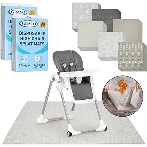 Graco Baby Disposable Splat Mats, 6 Subtle Designs 60 PACK (10 Each) 47" x 40” | Biodegradable & Compostable, Eco-Friendly Floor Protector, Under High Chair for Baby Led Weaning, Home & Restaurant Use