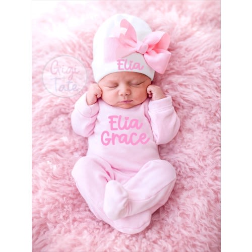 Newborn Girl Coming Home Outfit, Personalized Romper and Pink Bow