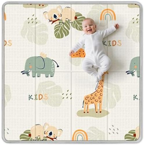 Foldable Baby Play Mat, PIGLOG 50x50 Playpen Mat, Waterproof Playmats for Babies and Toddlers Kids, Safe Foam Playmat for Tummy Time, Reversible Portable Baby Floor Mat for Infant, Giraffe + Elephant