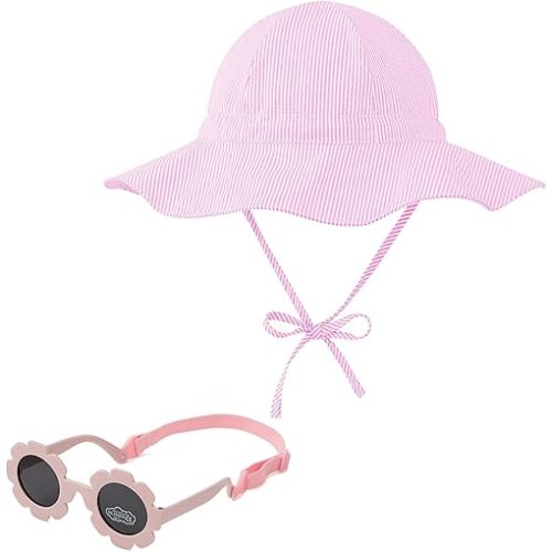 Zando UPF 50+ Baby Sun Hat with Sunglasses Adjustable Toddler Bucket Hat Beach Hat for Baby Boy Girls Outdoor Baby Summer Hat